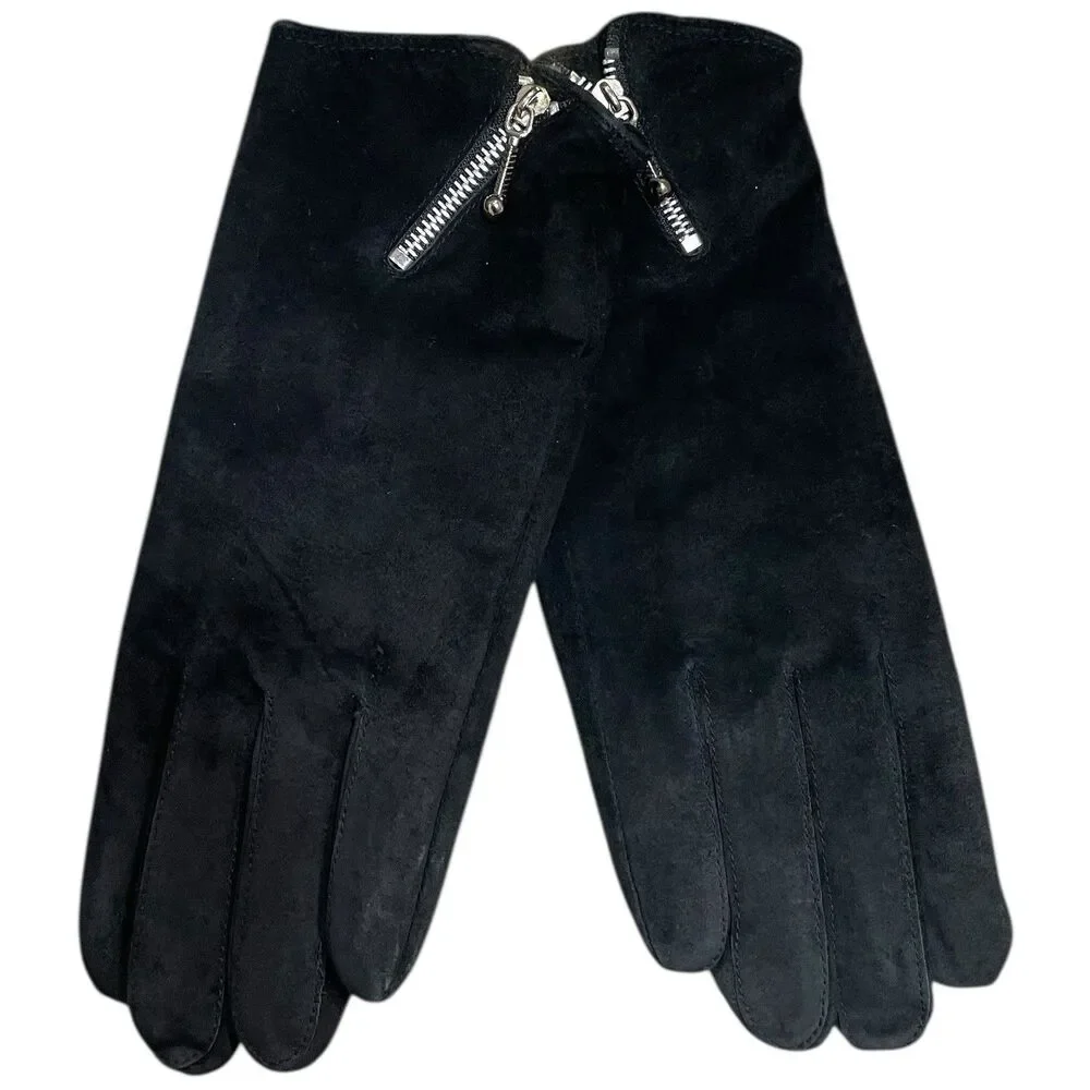 Vintage Black Suede Leather Gloves Women’s M Zip Accent Lined NWT Retro Classic